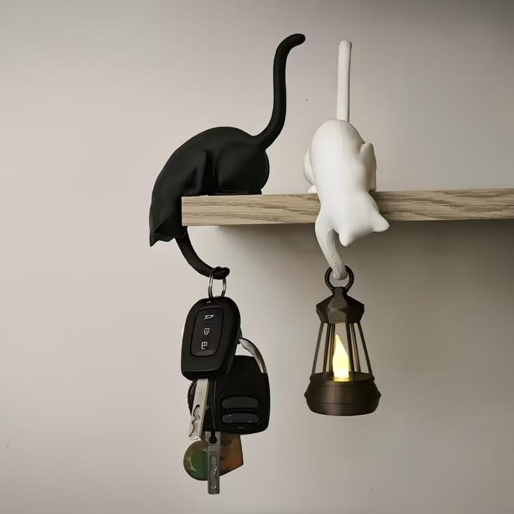 Balancing Cat Key & Lantern Holder Duo